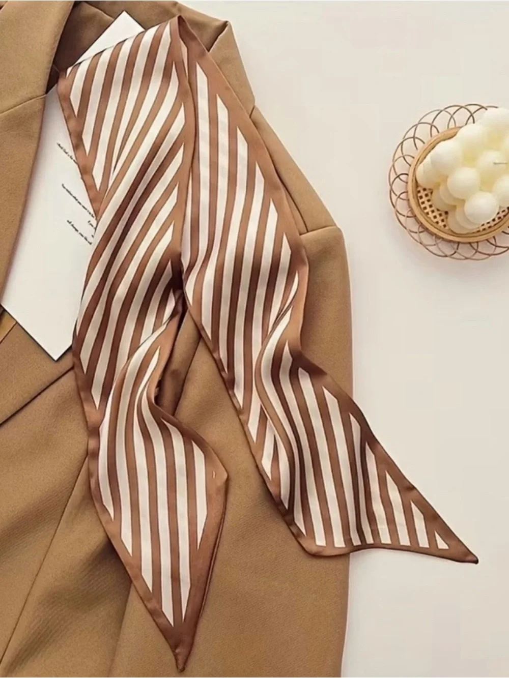 NWT French Style Neutral Beige Floral Stripes Patterned Twilly Scarf Accessories
